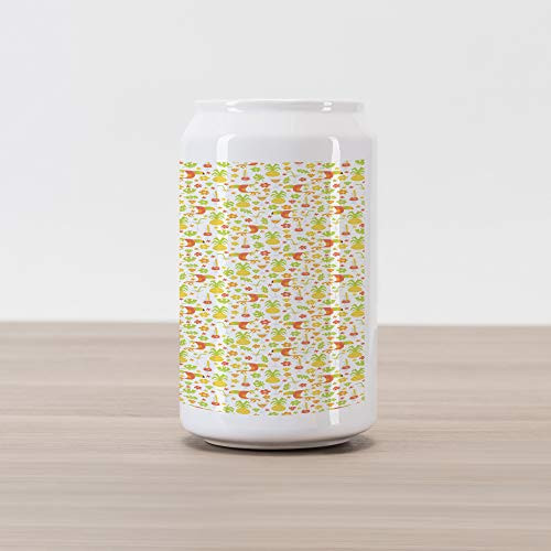 Ambesonne Luau Cola Can Shape Piggy Bank, Tropical Birds and Trees Plants Leaves Flowers Nature Party Theme, Ceramic Cola Shaped Coin Box Money Bank for Cash Saving, Yellow Dark Orange Apple Green