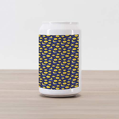 Ambesonne Baby Cola Can Shape Piggy Bank, Funny Night Sky Chipper Moons and Stars Sleeping Time Abstract Cartoon, Ceramic Cola Shaped Coin Box Money Bank for Cash Saving, Yellow Orange Navy Blue