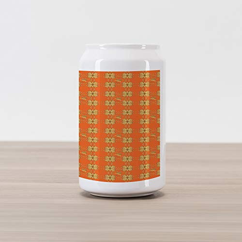 Ambesonne Yellow Damask Cola Can Shape Piggy Bank, Eastern Style Abstract Interlaced Motif as Repeating Pattern, Ceramic Cola Shaped Coin Box Money Bank for Cash Saving, Orange Sepia and Yellow
