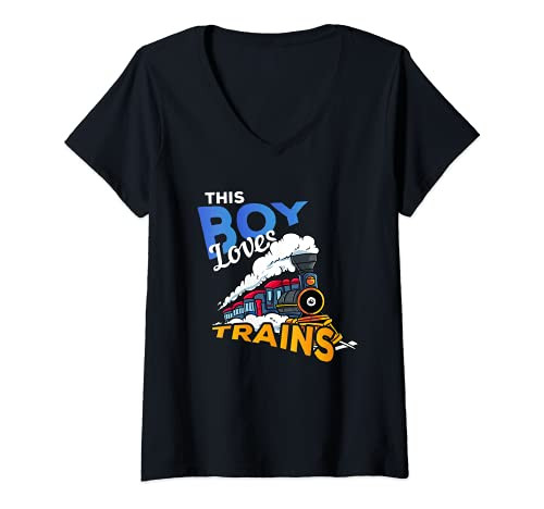 Womens Locomotive Engine Railroad Gift - This Boy Loves Trains V-Neck T-Shirt