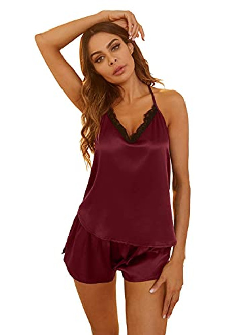Women's Pajama Sets Satin Nightwear Sexy Shorts Sleepwear Lingerie Soft Lace Cami PJ Set 004 -Wine Red, M- Women's Pajama Sets Satin Nightwear Sexy Shorts Sleepwear Lingerie Soft Lace Cami PJ Set 004 -Wine Red, M-
