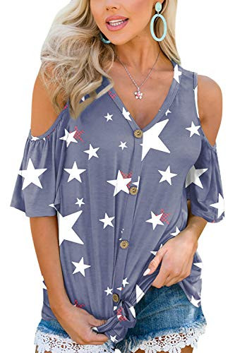 July 4th Womens Cold Shoulder Stars Printed Top Short Sleeve Patriotic V Neck Shirt S