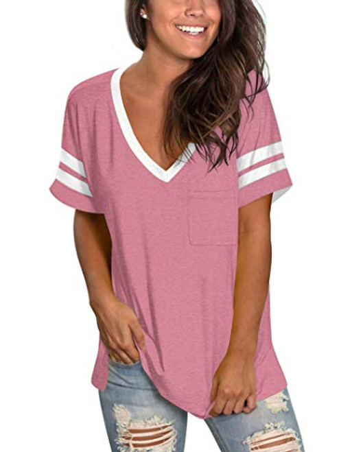 MOLERANI Women's Casual Short Sleeve Round Neck Loose Tunic T Shirt Blouse Tops -L, Y-Pink-