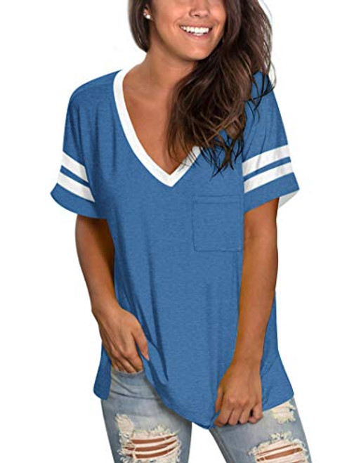 MOLERANI Women's Casual Short Sleeve Round Neck Loose Tunic T Shirt Blouse Tops -2XL, Y-Blue-