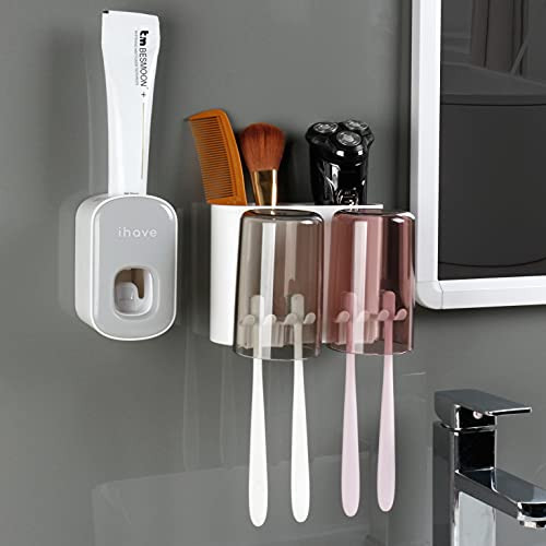 iHave Toothbrush Holder, 2 Cups Toothbrush Holder Wall Mounted and Toothpaste Dispenser Set, Premium Tooth Brush Holder for Bathroom with Toothpaste Squeezer
