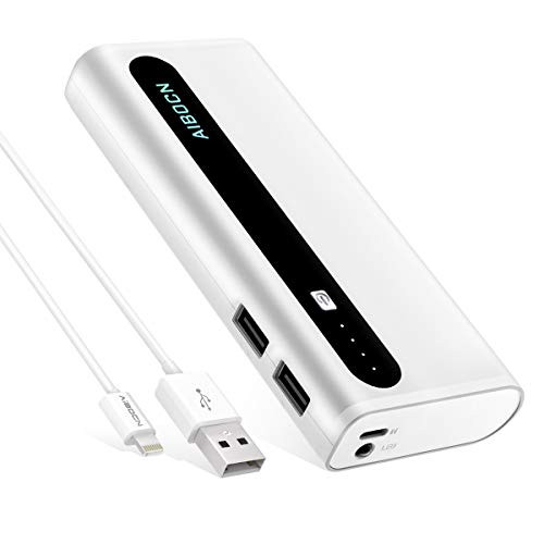 Aibocn 12000mAh Power Bank, Dual USB Port Portable Charger with Flashlight External Battery Charger for iPhone, iPad, iPod, Samsung and More(MFi 8-Pin Cable Included)