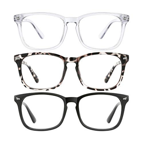 TIJN Eyeglasses for Women Men 3 Pack Stylish Square No Prescription Glasses Clear Lens Eyewear -Transparent/Black/Leopard-