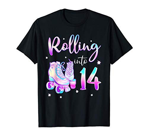 Kids 14 Years Old Birthday Girl Rolling Into 14th Bday Theme T-Shirt