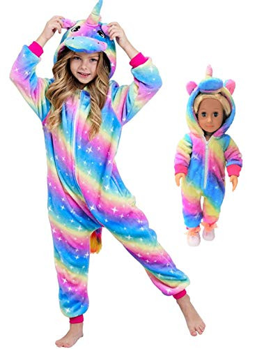 Unicorn Onesie Costume Matching Doll  and  Girls Gifts -Moon blue rose, 9-10 Years-