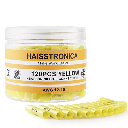 Haisstronica 120PCS Yellow Heat Shrink Butt Connectors 12-10 Gauge-Insulated Waterproof Electrical Connectors Wire Terminals Marine Automotive Crimp-Butt Splice Connectors