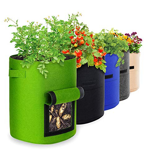 10 Gallon 5 Pack Potato Grow Bags, IPOW Plant Grow Bags Garden Container Heavy Duty Aeration Fabric Pots Thickened Nonwoven Fabric Grow Bags with Flap Handles for Veggies Flower Planter