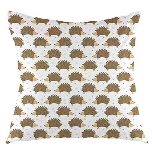 GULTMEE Hedgehog, Cartoon Style Porcupine Mascots with Tiny Little Swirls and Leaves, Caramel Pale Brown White Printed Pillows Case Soft Throw Pillow Printing Couch Pillowcase Square 16 x 16in