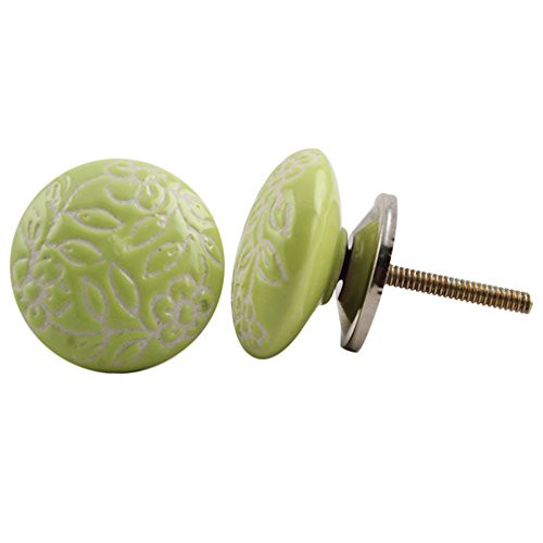 IndianShelf Handmade Ceramic Etched Drawer Knobs Dresser Cabinet Door Kitchen Cupboard Pulls Handles -4.44 cm, Green, 2 Piece-