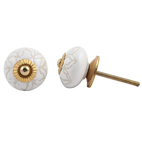 IndianShelf Handmade Ceramic Flower Dresser Knobs Drawer Cabinet Kitchen Wardrobe Door Pulls Handles -3.81 cm, White, 2 Piece-