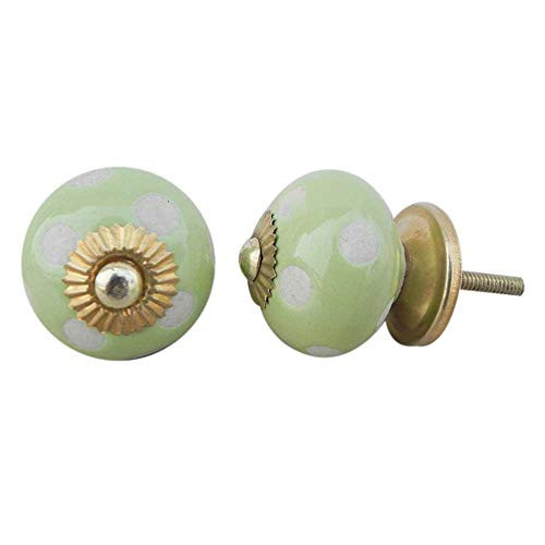 IndianShelf Handmade Ceramic Etched Dresser Knobs Drawer Cabinet Kitchen Wardrobe Door Pulls Handles -3.81 cm, Green, 2 Piece-