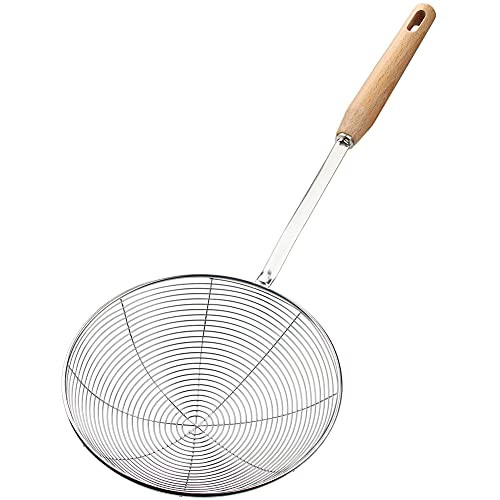 Spider Strainer, Cooking Skimmers, 7 inch Frying Spoon with Spiral Mesh Food Skimmer Spoon Kitchen Spider Strainer with Wood Handle, Stainless Steel Wire Skimmer Spider Ladles for Cooking Pasta