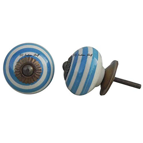 IndianShelf 2 Piece Handmade Turquoise Ceramic Stripe Dresser Knobs Drawer Cabinet Door Kitchen Wardrobe Pulls Handles