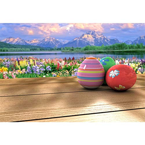 Yeele-Easter-Backdrop 7x5ft Easter Photography Background Eggs Colorful Flower Grassland Brown Wooden Floor Mountain Photo Backdrops Pictures Studio Props Wallpaper