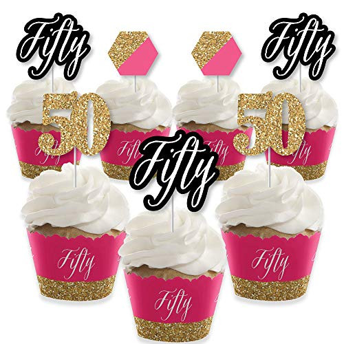 Chic 50th Birthday - Pink, Black and Gold - Cupcake Decoration - Birthday Party Cupcake Wrappers and Treat Picks Kit - Set of 24