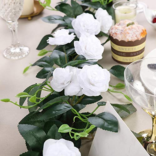 Tableclothsfactory 6 ft White 20 Flowers UV Protected Silk Rose Garland Bendable Wire Vines Artificial Flower Garland