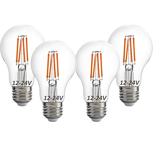 12 Volt 24 Volt 12V-24V LED Light Bulb RV Camper Landscape Light Bulb A19 Low Voltage 4W 470lm Edison Incandescent Bulb 40W Off Grid Solar Battery System Lighting E26 Base Warmwhite 2700K Pack of 4