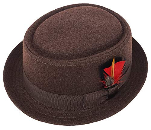Differenttouch Men's Wool Felt Round Top Porkpie Pork Pie Short Brim Fedora Hats W/Feather -2XL, Brown-