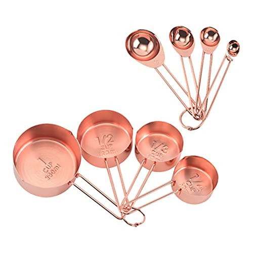 Cabilock 4pcs Measuring Spoons with 4pcs Measuring Cups Stainless Steel Coffee Measuring Spoons Scoops with Scale for Coffee Milk Powder Tea Baking Tools Rose Gold