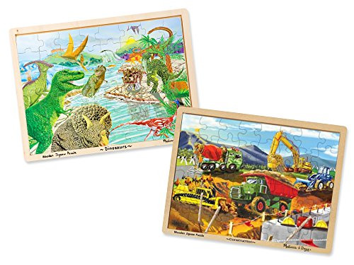 Melissa & Doug Wooden Jigsaw Puzzle Set  - Dinosaurs and Construction Site Vehicles