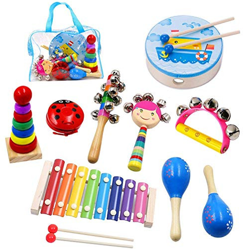 Kyerivs Toddler Musical Instruments 8 Types Wooden Xylophone Musical Instruments Toy Rhythm Band Set for Kids with Backpack