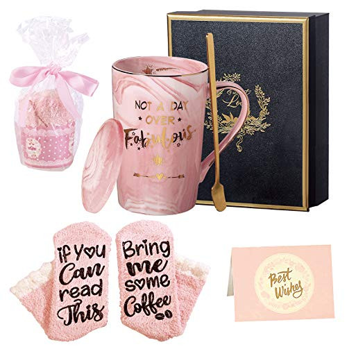 Biching Birthday Gifts for Women - Not A Day Over Fabulous Mug - Funny Birthday Gift Set Ideas for Her, Friends, Mom, Daughter, Wife, Sister, Aunt Ceramic Marble Coffee Mug 14 Oz