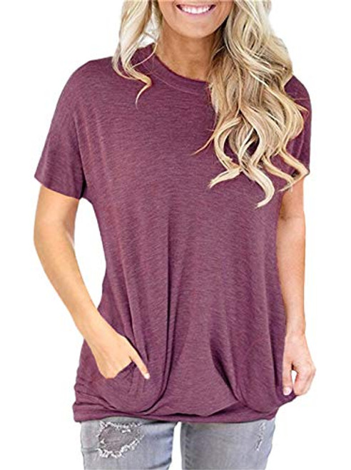 onlypuff Casual Loose Fitting Tops for Women Comfy Pocket T Shirts Short Sleeve Solid Color Tunics Wine Red XXL onlypuff Casual Loose Fitting Tops for Women Comfy Pocket T Shirts Short Sleeve Solid Color Tunics Wine Red XXL