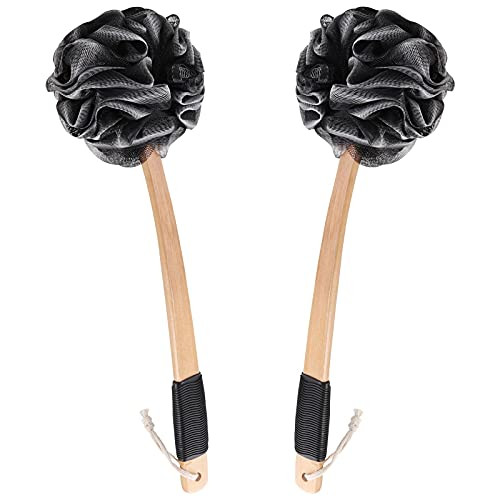 2Pcs Bath Loofah Back Scrubber with Long Handle Stick-Bamboo Charcoal Loofah Sponge Shower Exfoliating Luffa for Women Men