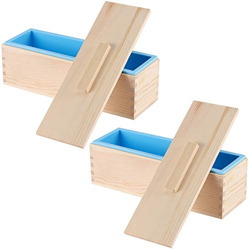 FAATCOI 2 PCs Silicone Soap Loaf Mold with Wood Box and Lid, Rectangular Loaf Soap Making Molds, Pinewood DIY Soap Making Tools for Total 42oz Homemade Soap Supplies -Total 84oz-, Blue