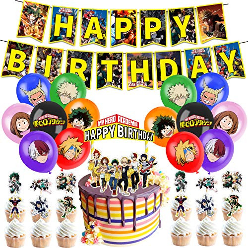 My Hero Academia Party Supplies, Birthday Decorations Set Including Balloons, Banner, Cake Toppers, Cupcake Toppers for MHA Fans Kids, MHA Theme Birthday Party Supplies