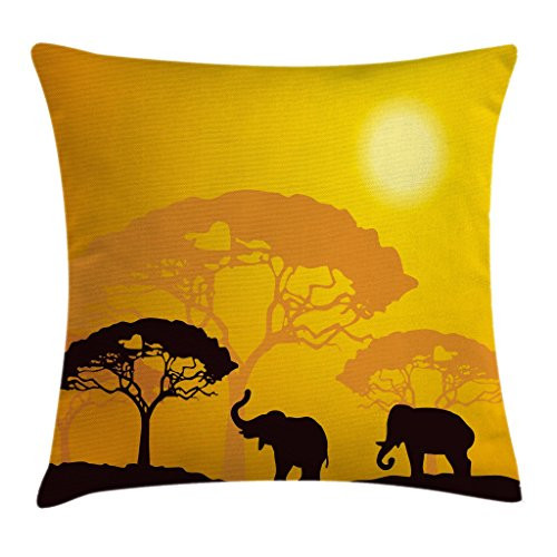Ambesonne Safari Throw Pillow Cushion Cover, Wildlife Animals Elephants Sun Beams Trees Print Art, Decorative Square Accent Pillow Case, 18" X 18", Earth Yellow Marigold Dark Brown
