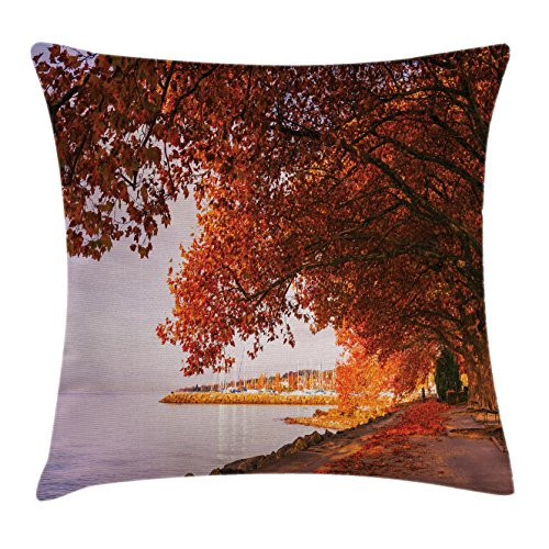 Ambesonne Autumn Throw Pillow Cushion Cover, Surreal Pathway Covered by Faded Fall Leaves by The Lake November Landscape Print, Decorative Square Accent Pillow Case, 18" X 18", Orange Lilac