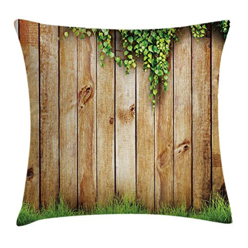 Ambesonne Rustic Throw Pillow Cushion Cover, Fresh Spring Season Grass and Leaf Plant Over Old Wood Fence Garden Field Photo, Decorative Square Accent Pillow Case, 18" X 18", Green Brown