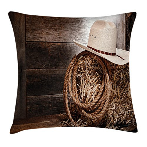 Ambesonne Western Throw Pillow Cushion Cover, American West Rodeo Hat Traditional Ranching Robe on Wooden Ground Folk Art Photo, Decorative Square Accent Pillow Case, 18" X 18", Brown Beige Ambesonne Western Throw Pillow Cushion Cover, American West Rodeo Hat Traditional Ranching Robe on Wooden Ground Folk Art Photo, Decorative Square Accent Pillow Case, 18" X 18", Brown Beige