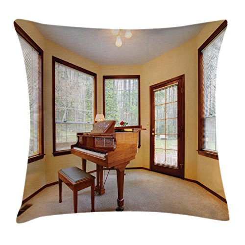 Ambesonne Antique Throw Pillow Cushion Cover, Round Room with Piano Lots of Windows Classic Architecture Furnished, Decorative Square Accent Pillow Case, 18" X 18", Brown Pale Yellow White