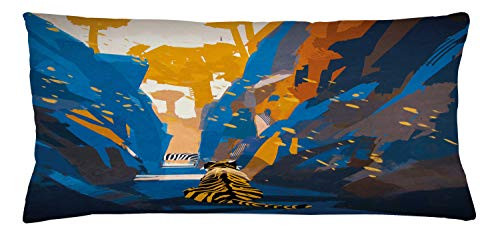Ambesonne Fantasy Throw Pillow Cushion Cover, Tiger in City Streets Narrow Walls Digital Wilderness Jungle Savannah, Decorative Rectangle Accent Pillow Case, 36" X 16", Orange Blue