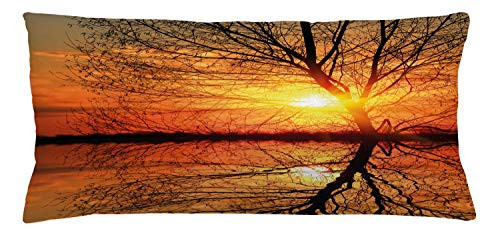 Ambesonne Autumn Throw Pillow Cushion Cover, Leafless Tree in Fall on Sunset Backdrop Horizon with Water Reflection Panorama, Decorative Rectangle Accent Pillow Case, 36" X 16", Orange Black