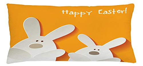 Ambesonne Easter Throw Pillow Cushion Cover, Happy Easter Bunnies on a Warm Toned Background Abstract Animal Design, Decorative Rectangle Accent Pillow Case, 36" X 16", Orange Coconut Brown