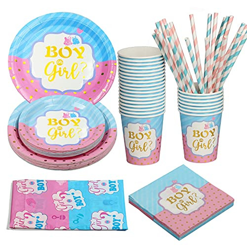 Baby Gender Reveal Party Supplies Serves 25 Guests, Boy or Girl Gender Reveal Party Supplies Tableware Set with Paper Plates Cups Napkins Straws and Tablecloth Baby Gender Reveal Party Supplies Serves 25 Guests, Boy or Girl Gender Reveal Party Supplies Tableware Set with Paper Plates Cups Napkins Straws and Tablecloth