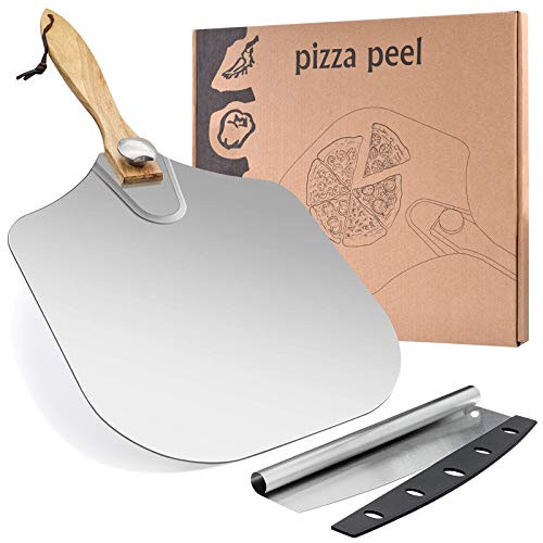 Pizza Peel 12 Inch, Aluminum Pizza Turning Peel With Foldable Wood Handle  plus Pizza Cutter, Metal Pizza Peel 14 Inch Pizza Spatula Paddle for Pizza Stone