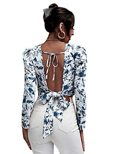 Floerns Women's Floral Print Long Sleeve Backless Tie Back Crop Top Blouse White Blue S