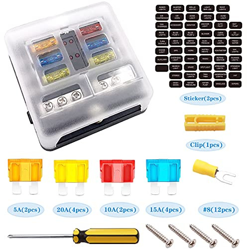 Tnisesm 6-Way Fuse Box Blade Fuse Blocks-with 12 Pcs Fuse-, 6 Circuit Car ATO/ATC Fuse Block Waterproof with LED Indicator Waterpoof Cover for 12V/24V Automotive Truck Boat Marine Bus RV Van Vehicle