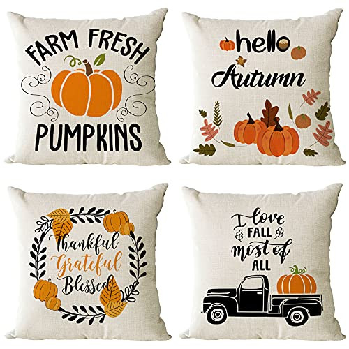 Set of 4 Fall Throw Pillow Covers 18x18 Inch Thanksgiving Autumn Pumpkin Leaves Decorative Pillow Cases Square Cotton Linen Outdoor Sofa Couch Cushion Covers for Thanksgiving Decorations -18 by 18-