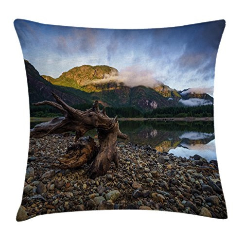 Ambesonne Driftwood Throw Pillow Cushion Cover, Landscape of a Mountain Lake and Cloudy Sky Driftwood on Rocky Shoreline, Decorative Square Accent Pillow Case, 18" X 18", Blue and Brown