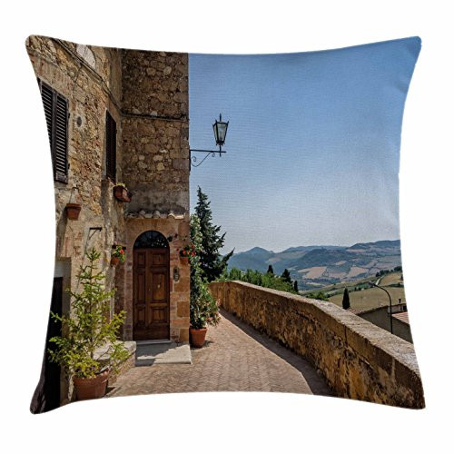 Ambesonne Italian Throw Pillow Cushion Cover, Walls of Pienza in Tuscany Historical European Landmark Art, Decorative Square Accent Pillow Case, 18" X 18", Pale Brown Green Pale Blue
