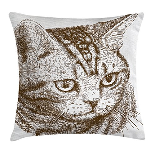 Ambesonne Cat Throw Pillow Cushion Cover, Portrait of a Kitty Domestic Animal Hipster Best Company Fluffy Pet Graphic Art, Decorative Square Accent Pillow Case, 18" X 18", Green Brown White